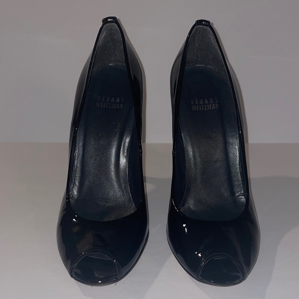 Stuart Weitzman Glossy Black Peep Toe Heels